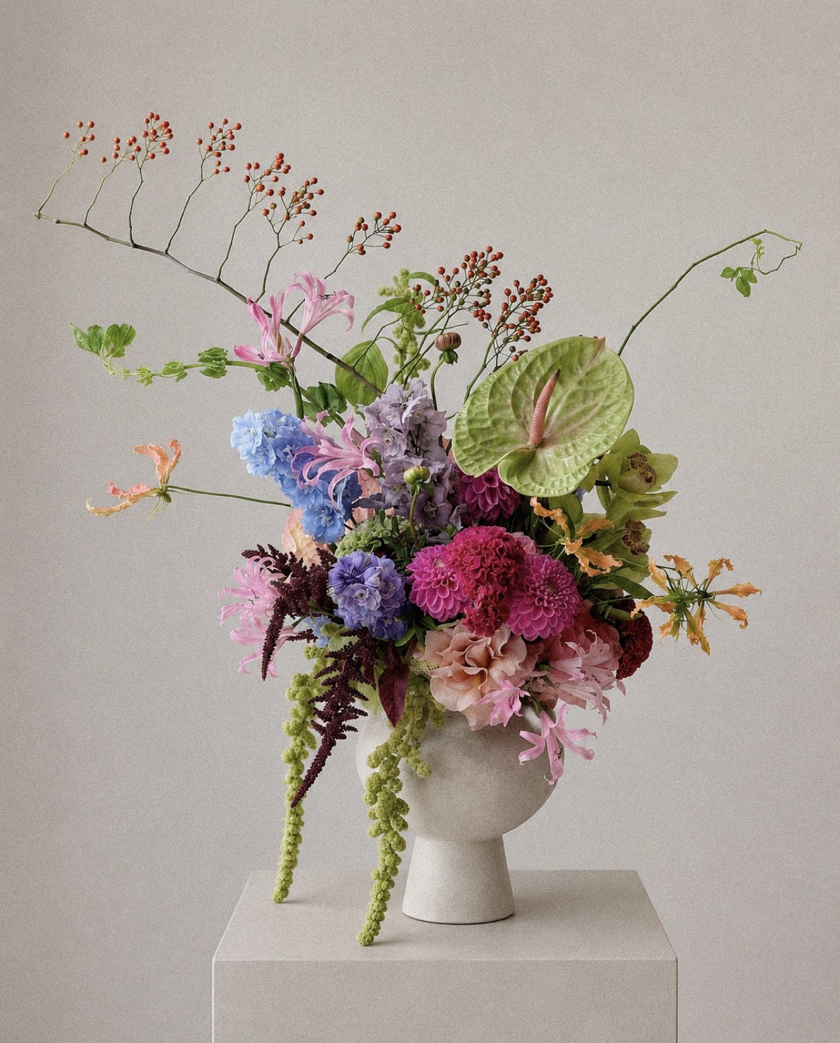 The Margot — fuchsia dahlia and delphinium arrangement by Maison Bloom, Bali