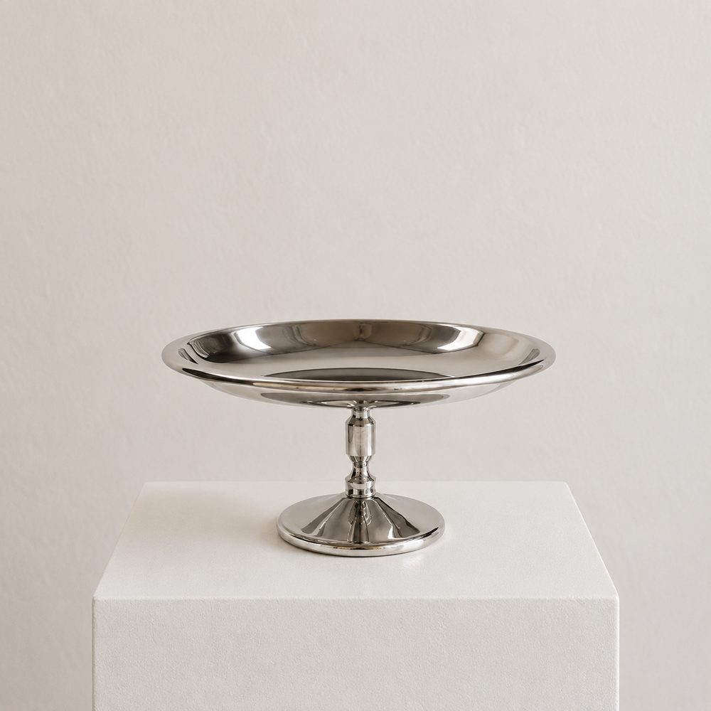 Elegant Pedestal Tray — silver chrome flat tray on elegant stem by Maison Bloom Bali